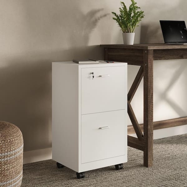 File Cabinet, Compact Two-Drawer, White Mobile Office Storage with Lock.