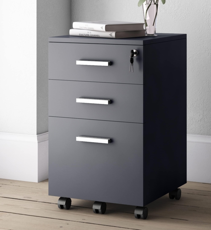 File Cabinet Matte Black Finish 3-Drawer Locking Anti-Tip Wheels