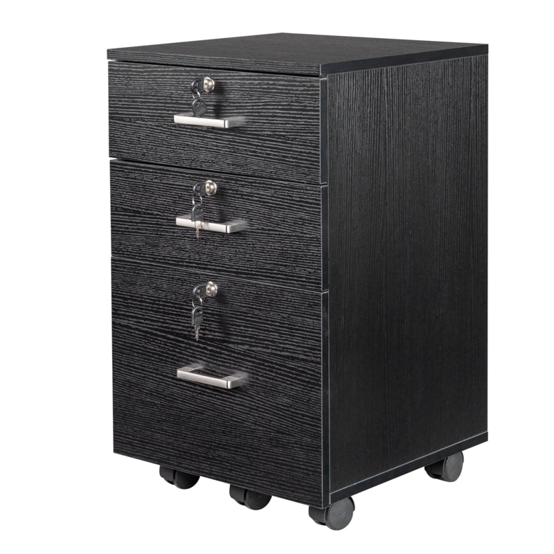 File Cabinet, Matte Black, Graduated Drawer Sizes, Mobile Office Storage.