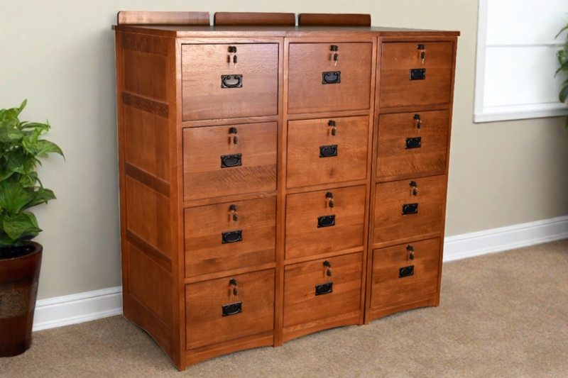 File Cabinet, Mission Style, Slatted Sides, Warm Wood Home Office Storage.