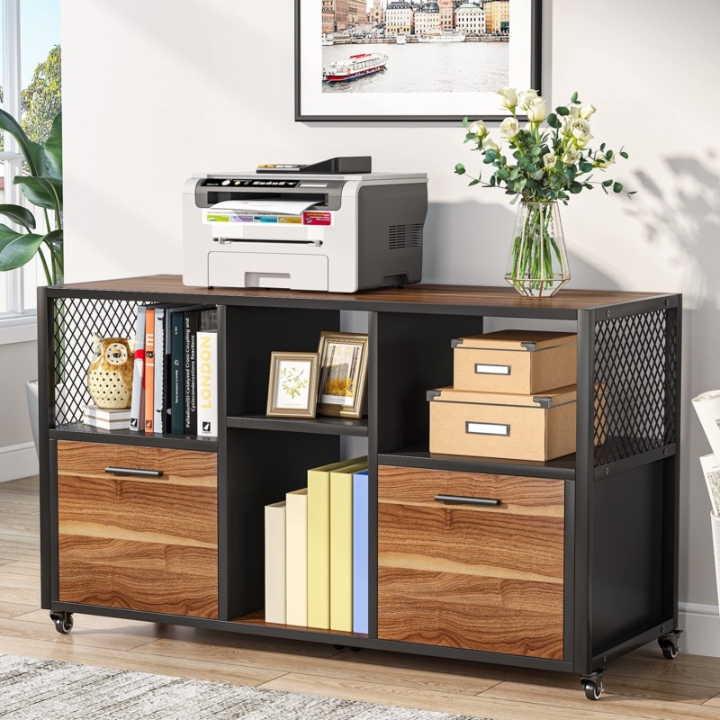 File Cabinet Mobile Printer Stand Open Shelving Rustic Walnut Metal