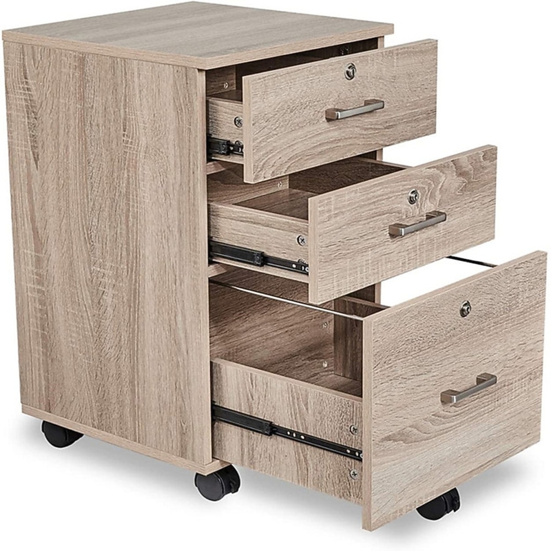File Cabinet, Oak Finish Wood Grain, Rolling Casters, Locking Drawer.