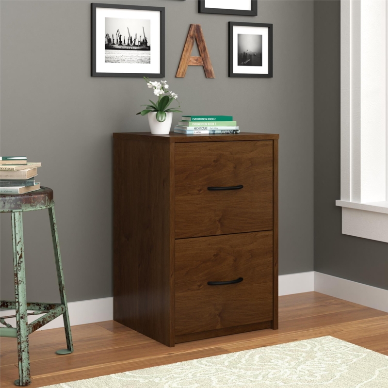 File Cabinet, Silver Pulls, Medium Brown, Compact Two Drawer File Cabinet