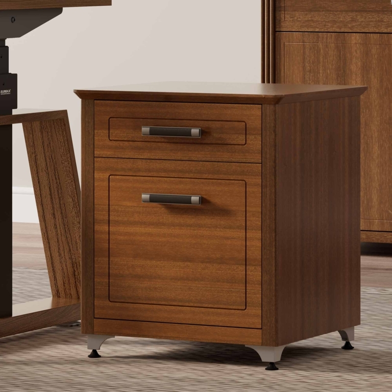 File Cabinet Walnut Finish 2-Drawer Slim Black Pulls Locking Casters