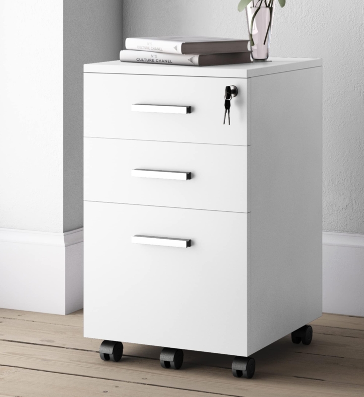 File Cabinet White Body Wood Toned Top 3-Drawer Locking Casters