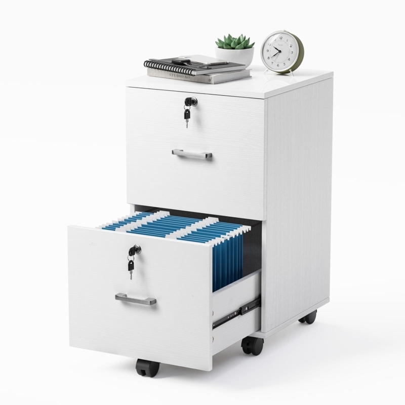 File Cabinet White Wood Grain Rolling Casters Under Desk Storage