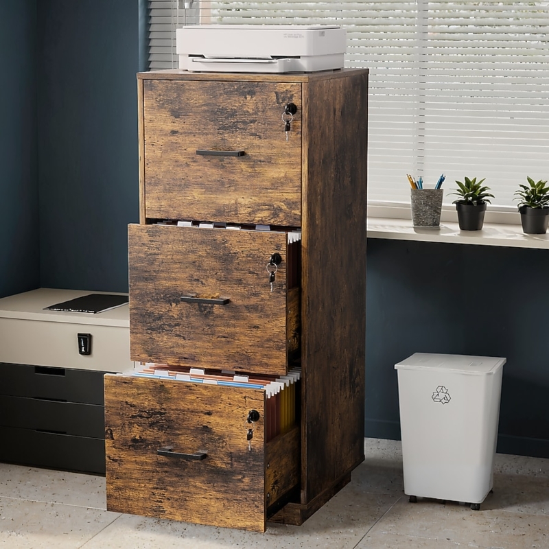 File Cabinet with Metal Frame, Rustic Rolling File Cabinet