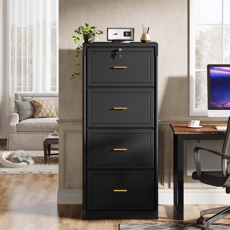 Filing Cabinet, Black, Four-Tier Storage, Mobile Caster Wheels with Lock.