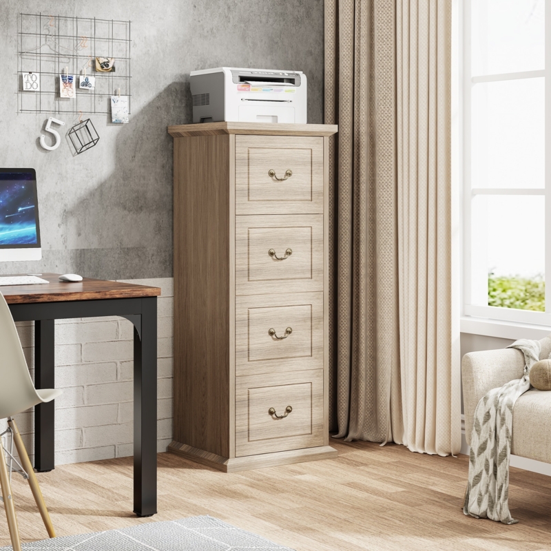 Filing Cabinet, Light Wood-Toned, Recessed Pulls, 4-Drawer Vertical File.