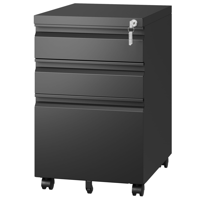Filing Cabinet, Matte Black, Mobile Casters, Under Desk Fit, Locking.