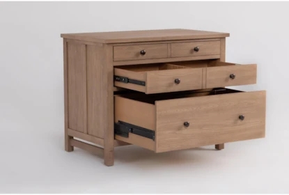 Filing Cabinet, Natural Wood Grain, Black Metal Pulls, 3-Drawer Locking.