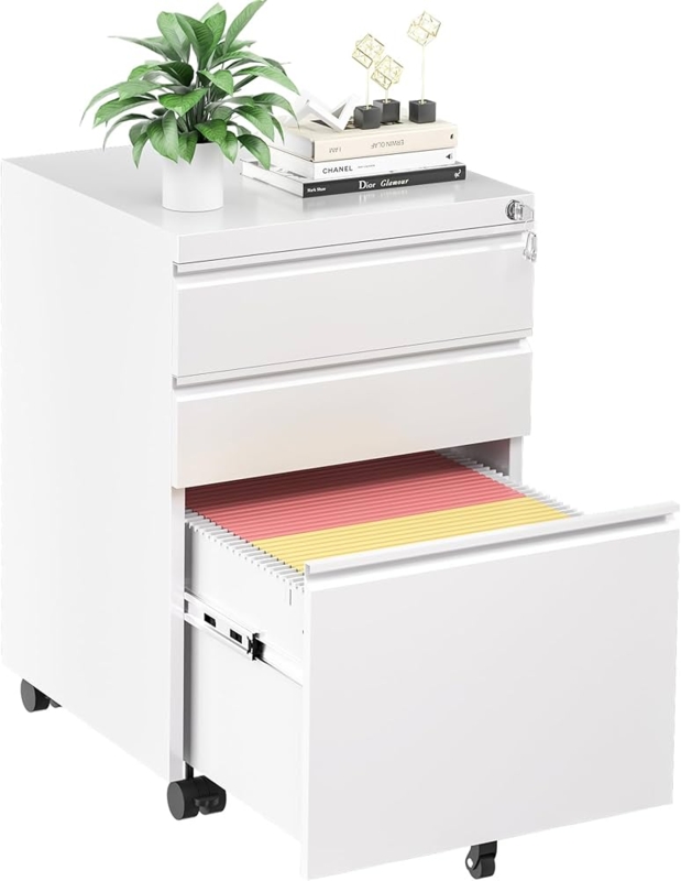 Filing Cabinet, White Matte, Handle-less Design, Locking, Caster Wheels.