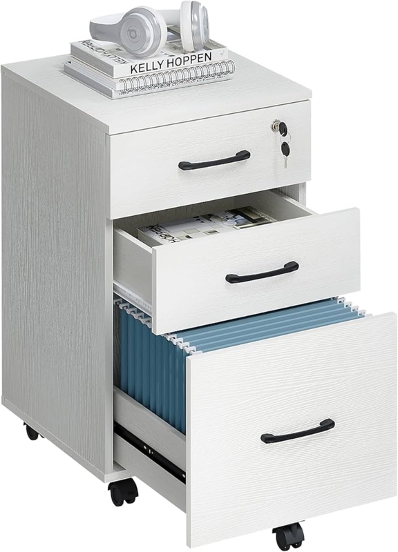 Filing Cabinet, White Mobile with Locking Side Panel, 3-Drawer Storage.