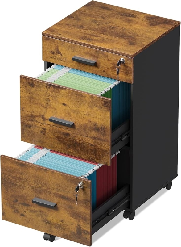 Filing Cabinet with Lockable Top Drawer, Rustic Brown Rolling Cabinet