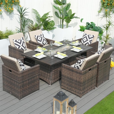 Fire Pit Patio Dining Set, Rectangular Table with Charcoal Chairs.