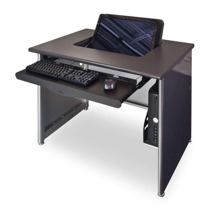 Flip-Top Computer Desk with Integrated Monitor Mount and Silver Base