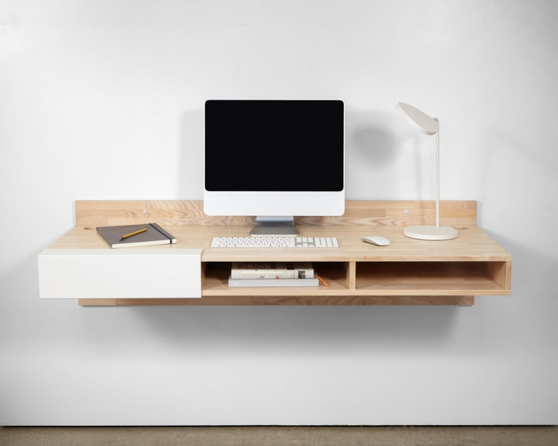 Floating Desk Ash Wood with Sliding White Panel