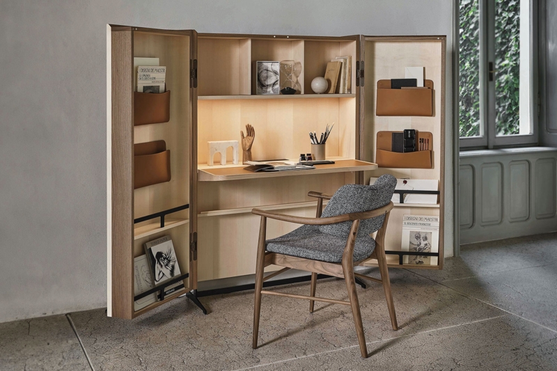 Floating Desk Dark Walnut Folding Surface Integrated Shelving Compact