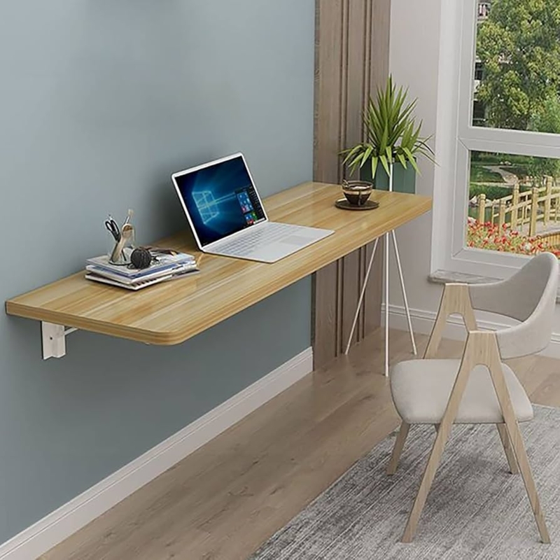 Floating Desk Drop Leaf Wood-Toned, Rounded Corners