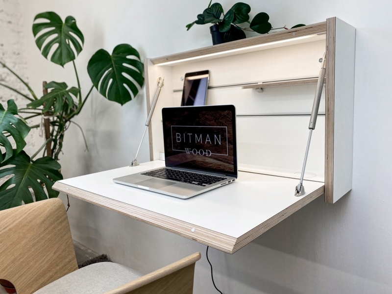 Floating Desk Exposed Plywood Edges Folding Top Natural Wall Mounted