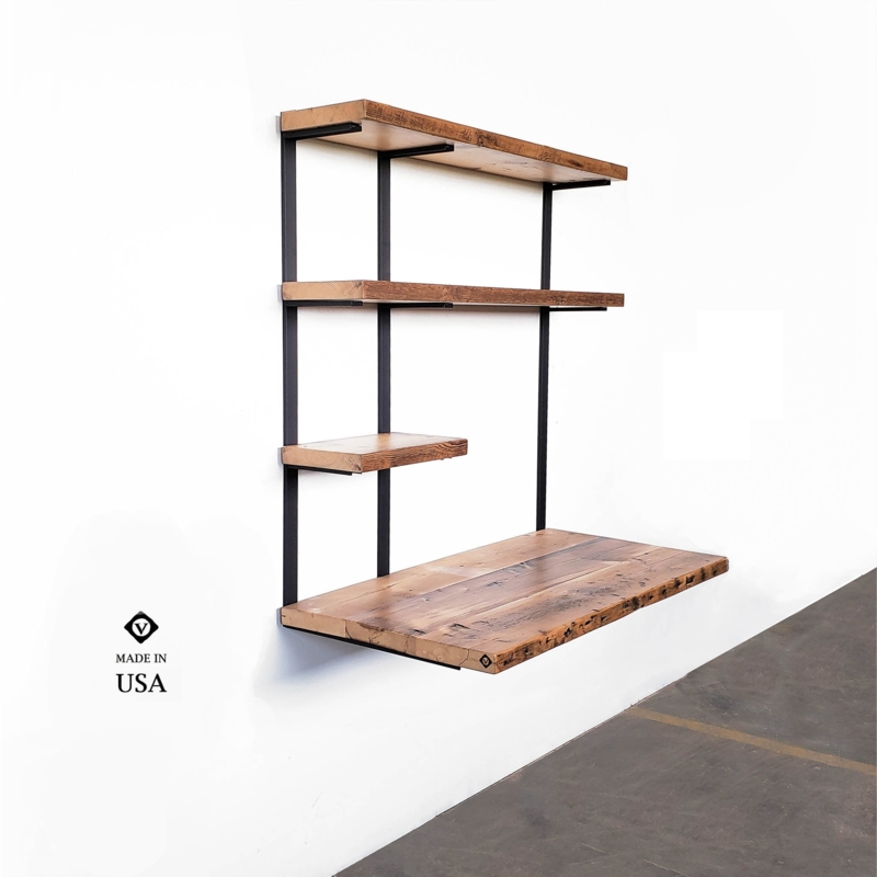Floating Desk Industrial Tiered Configuration Distressed Wood Metal