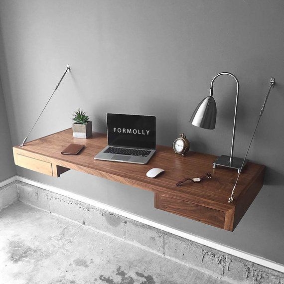 Floating Desk Light Brown Wood Integrated Storage Shelf