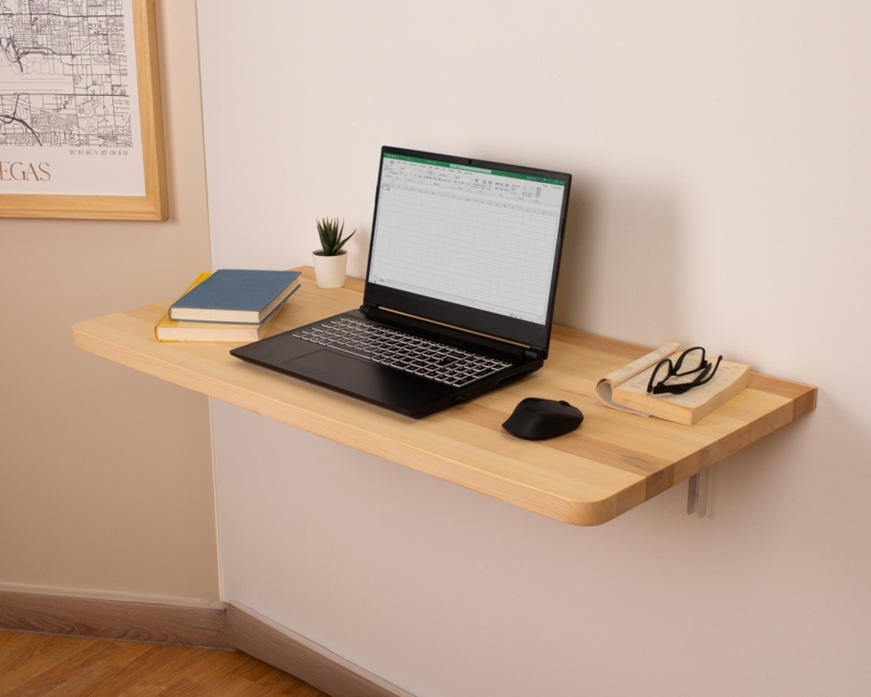 Floating Desk Natural Wood Cubby Storage, Minimalist