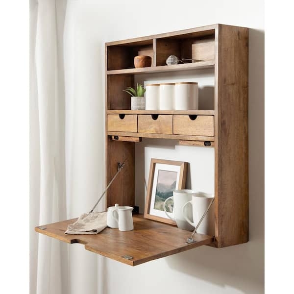 Floating Desk Natural Wood Folding Top Drawer Storage