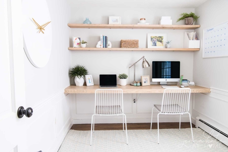 Floating Desk Thick Profile Wood Toned Compact Nook Tiered Shelving