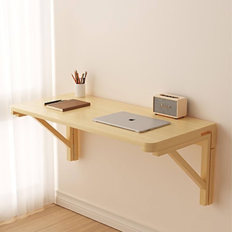 Floating Desk Wall Mounted Brackets Light Wood Folding Top Minimalist