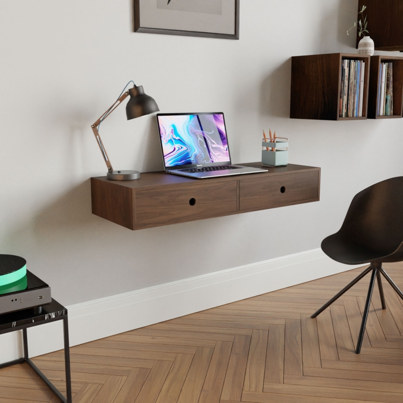 Floating Desk Walnut Integrated Storage Cubbies