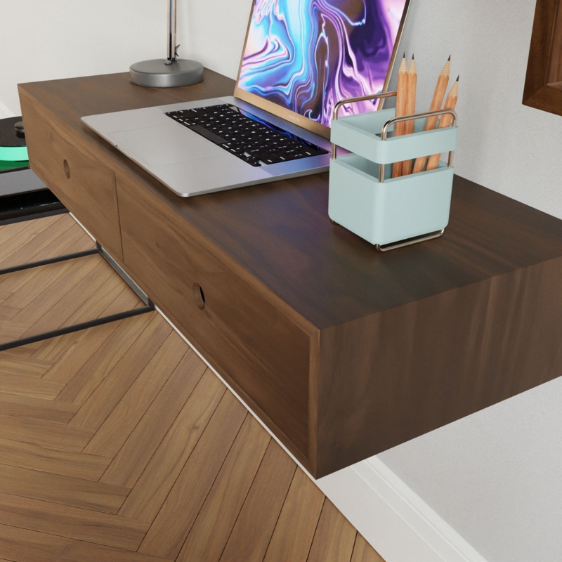 Floating Desk Walnut Mitered Corners Integrated Drawer