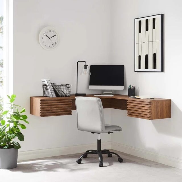 Floating Desk White & Light Wood Corner Design, Hutch