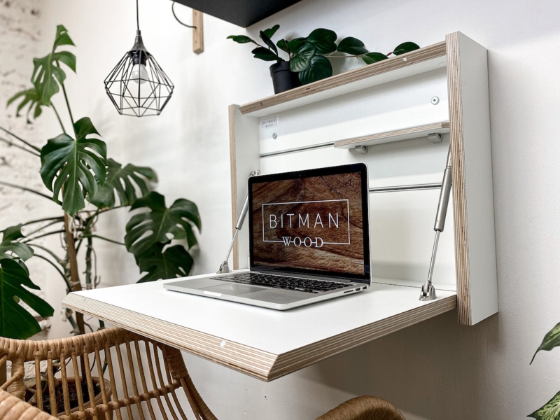 Floating Desk with Plywood Edges and Folding Drop Down Surface