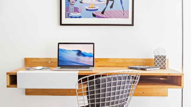 Floating Desk Wood-Toned with Sliding Panel