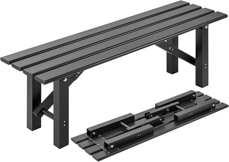 Folding Bench Black Metal Slatted Portable Outdoor Seating Solution