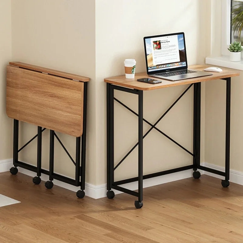 Folding Desk Folding Sides Blonde Wood Rolling Casters Mobile Console