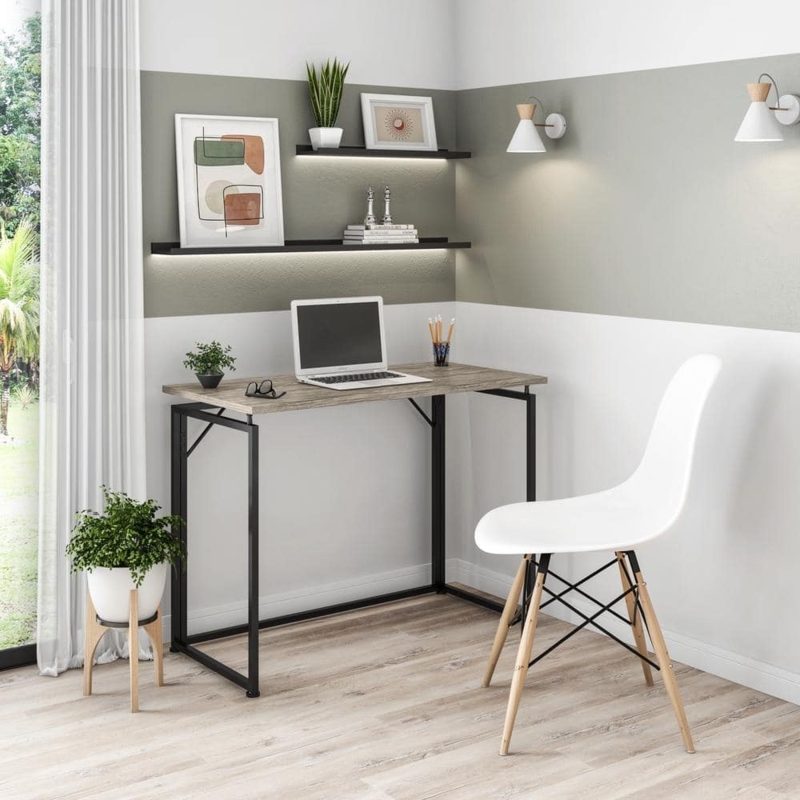 Folding Desk Grey Wood Grain X-Frame Base Matte Finish Laptop Table