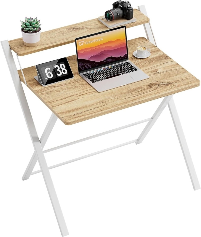 Folding Desk Two Tier Light Oak Black X-Frame Folding Industrial Style