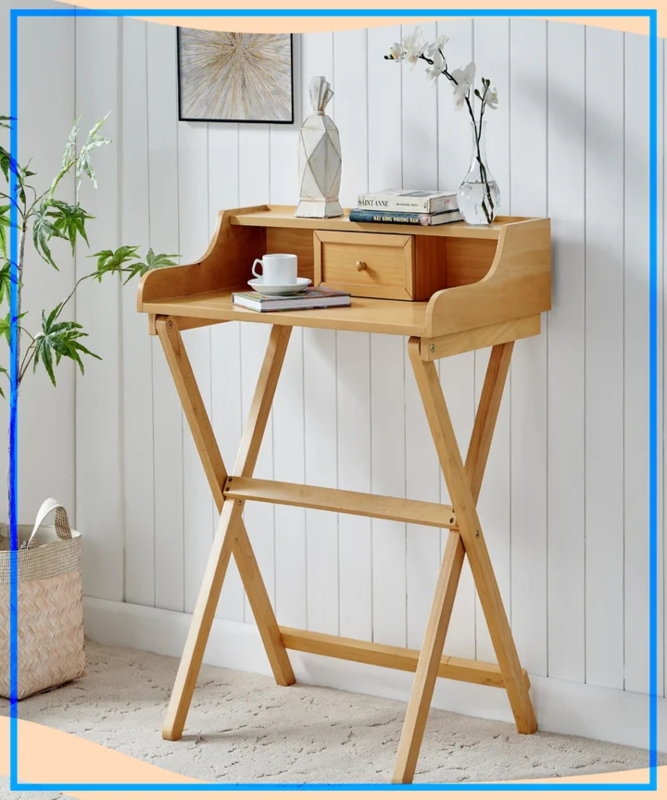Folding Desk Wall Leaning Ladder Frame Natural Wood Folding Shelf
