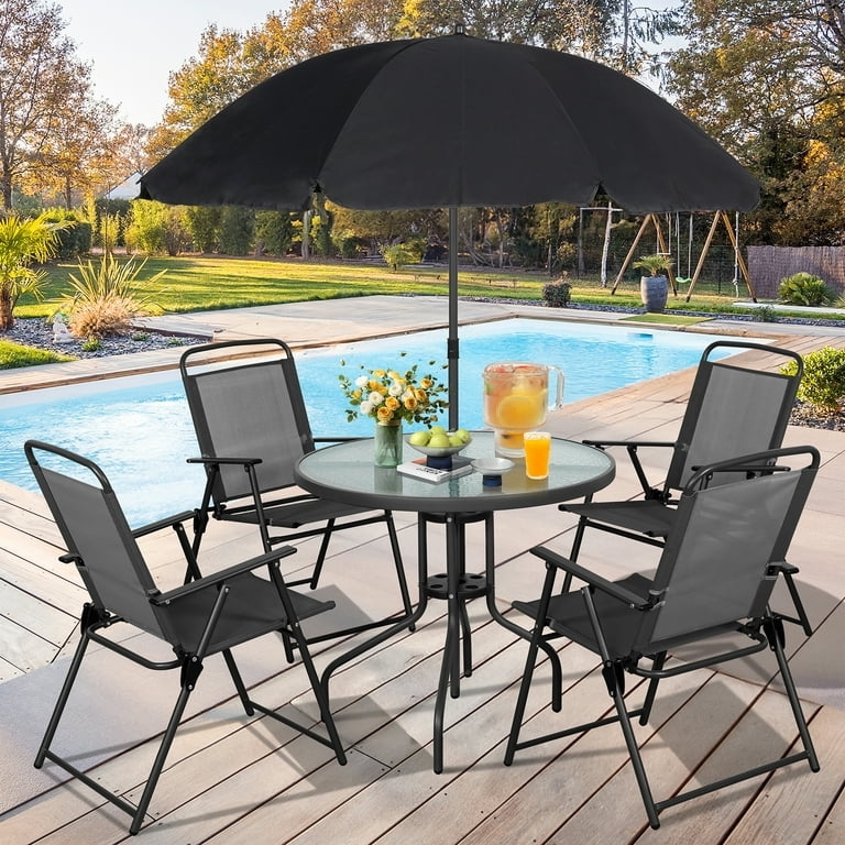 Folding Patio Dining Set: 6-Piece Mesh Chairs Glass Top Umbrella