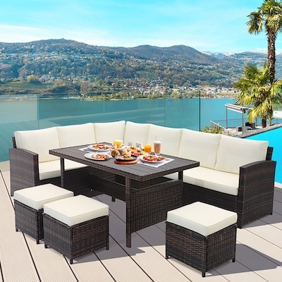 Four-Piece Patio Conversation Set Dark Brown Wicker Beige Cushions