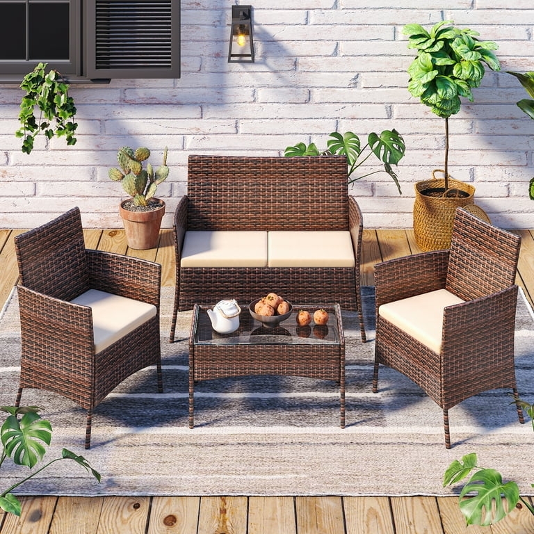 Four Piece Patio Conversation Set with Glass Top and Woven Texture