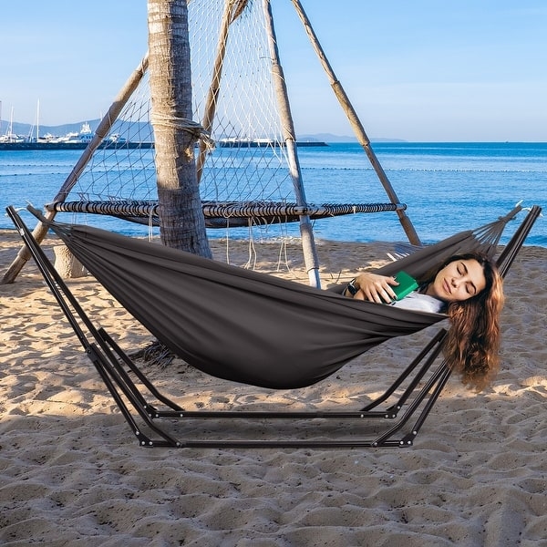 Freestanding Blue Fabric Hammock with Portable Black Metal Stand