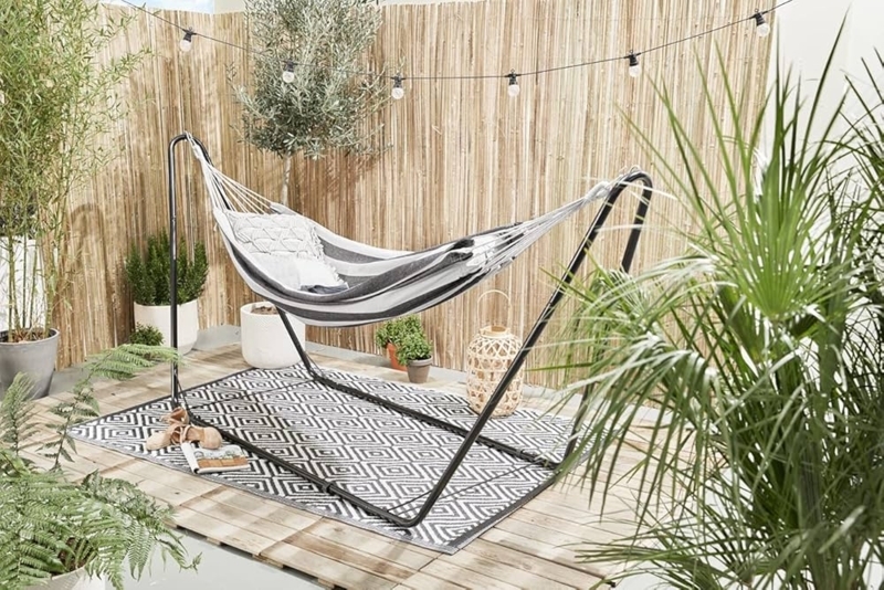 Freestanding Hammock, Black & White Striped Metal Stand