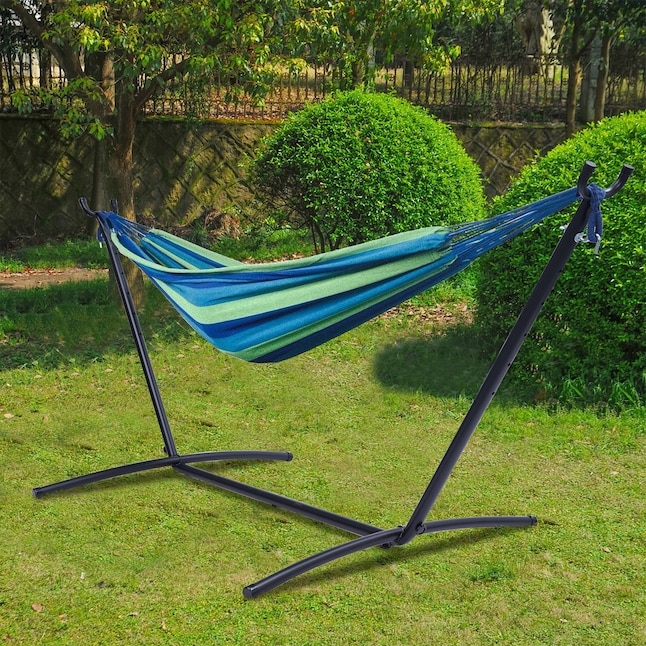 Freestanding Hammock Blue Green Stripes Metal Stand Backyard Lounge Set