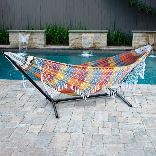 Freestanding Hammock with Frame in Multicolor Carnival Stripes