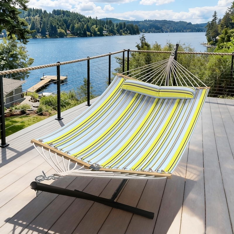 Freestanding Hammock with Green Striped Fabric and Black Metal Stand