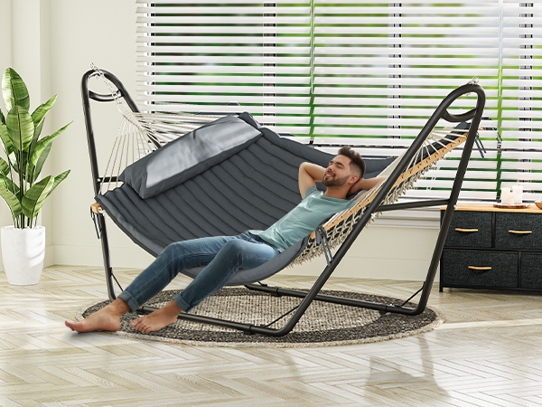 Freestanding Hammock With Stand, Modern Gray and Black Metal Design