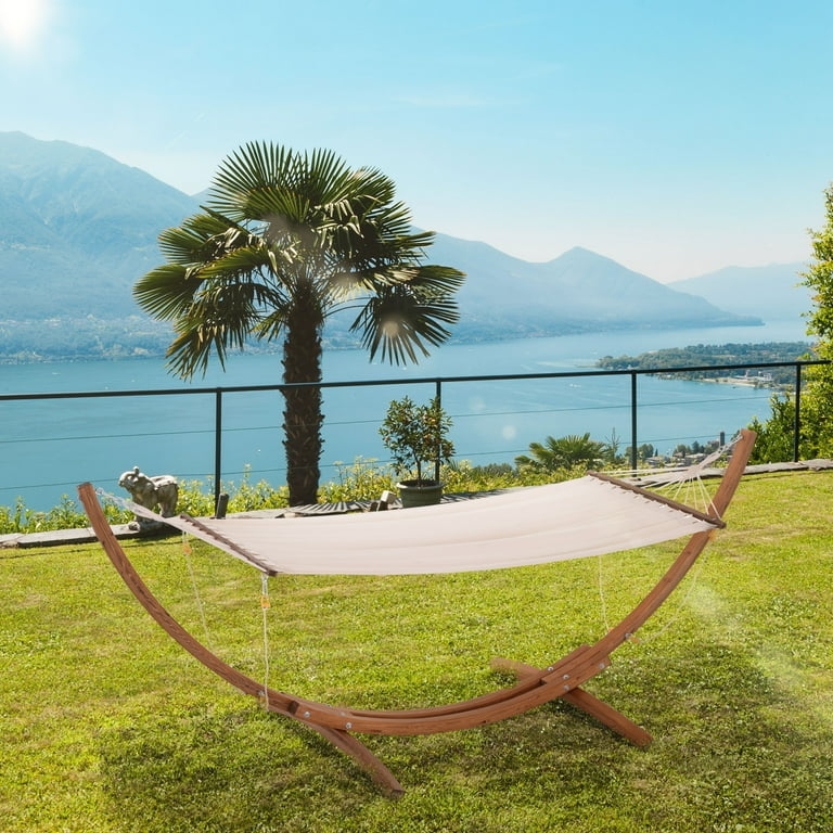 Freestanding Wooden Arc Hammock with Stand and White Macrame Fringe